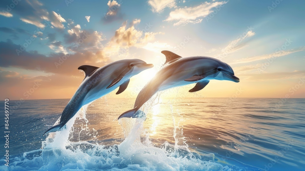 Two playful dolphins leap from the ocean waves against a breathtaking sunset sky, creating a magical moment of marine life in nature. Two playful dolphins leap from the ocean waves against a breathtaking sunset sky, creating a magical moment of marine life in nature.