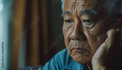 lonely elderly Asian man in his 60s sitting at home sad depressed alone 