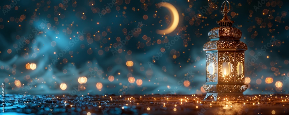 A beautiful Ramadan lantern sits on an empty table with the crescent moon and stars in the background, leaving space for text. The photo is realistic in the style of a banner A beautiful Ramadan lantern sits on an empty table with the crescent moon and stars in the background, leaving space for text. The photo is realistic in the style of a banner