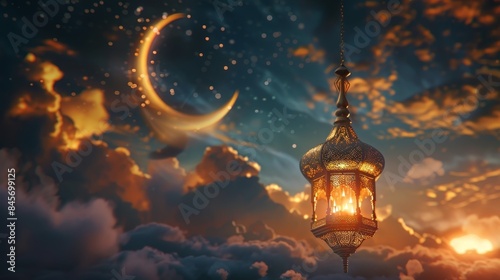 Crescent moon and lantern with burning candle hanging on cloud for eid mubarak or ramadan background concept