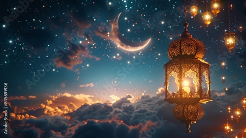 3d rendering of hanging lantern with crescent moon and stars decoration on dark background for Ramadan kareem concept banner  poster or greeting card design.