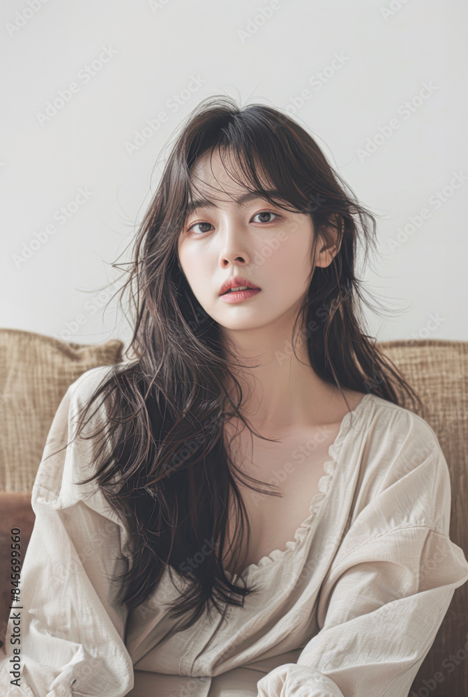 Confident Woman with Stylish Short Bangs Sitting on Sofa Neutral Cool Fashion Concept Confident Woman with Stylish Short Bangs Sitting on Sofa Neutral Cool Fashion Concept
