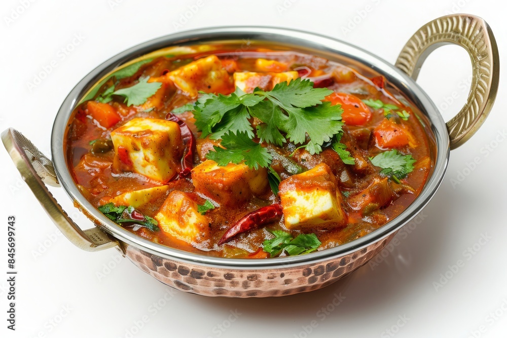 Restaurant-style paneer tika masala in a balti dish, on a white background, traditional Indian food, capsicum, onion, butter, carrot, chilies, parsley Restaurant-style paneer tika masala in a balti dish, on a white background, traditional Indian food, capsicum, onion, butter, carrot, chilies, parsley