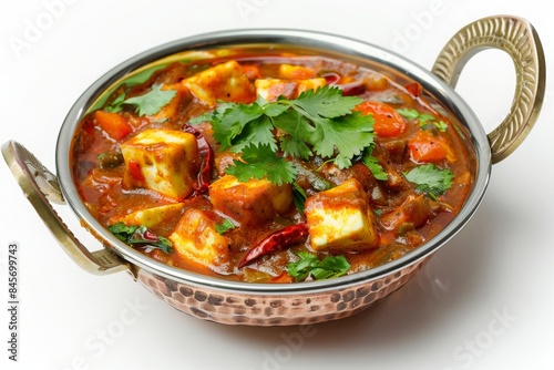 Restaurant-style paneer tika masala in a balti dish, on a white background, traditional Indian food, capsicum, onion, butter, carrot, chilies, parsley 
