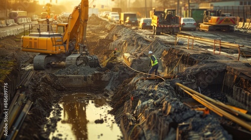 The image shows a construction site with a large trench and a worker standing in it. There is a backhoe in the background. The photo is taken from a low angle, which makes the scene look more dramatic photo