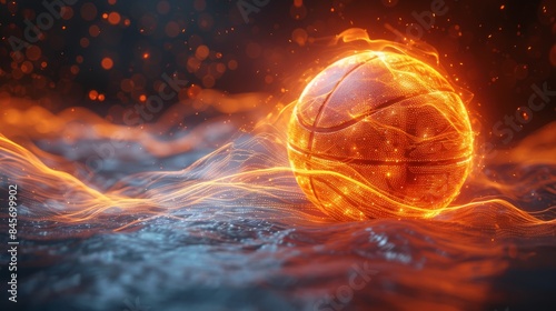 Glowing basketball on abstract digital waves