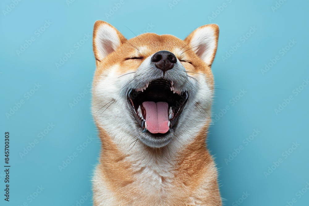Happy shiba inu dog on soft pastel background with generous space for text placement Happy shiba inu dog on soft pastel background with generous space for text placement