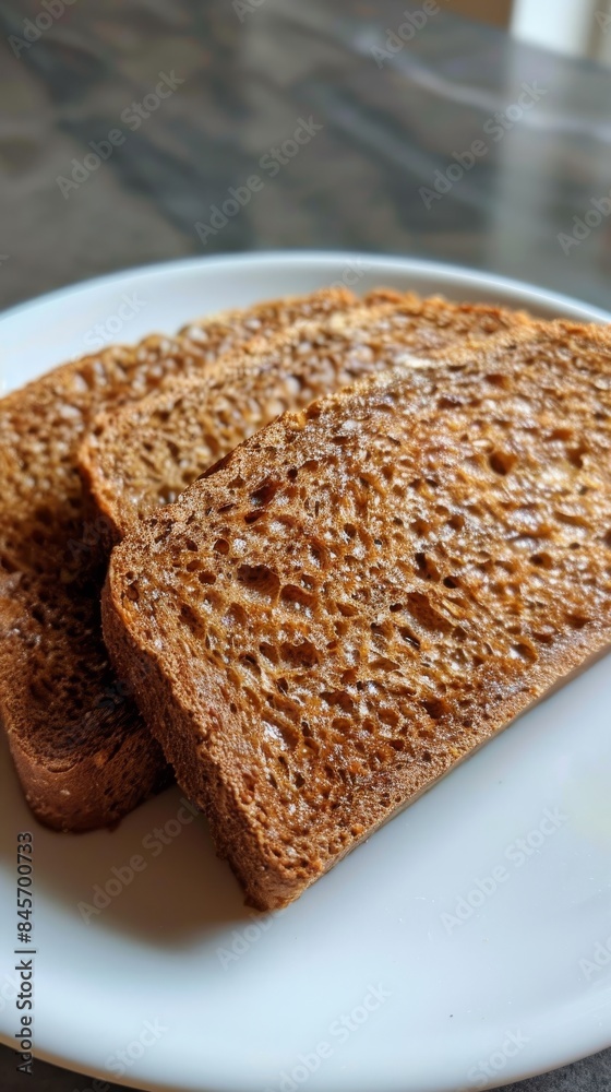 Three slices of toasted bread on a white plate, close-up view. Breakfast and food concept Three slices of toasted bread on a white plate, close-up view. Breakfast and food concept