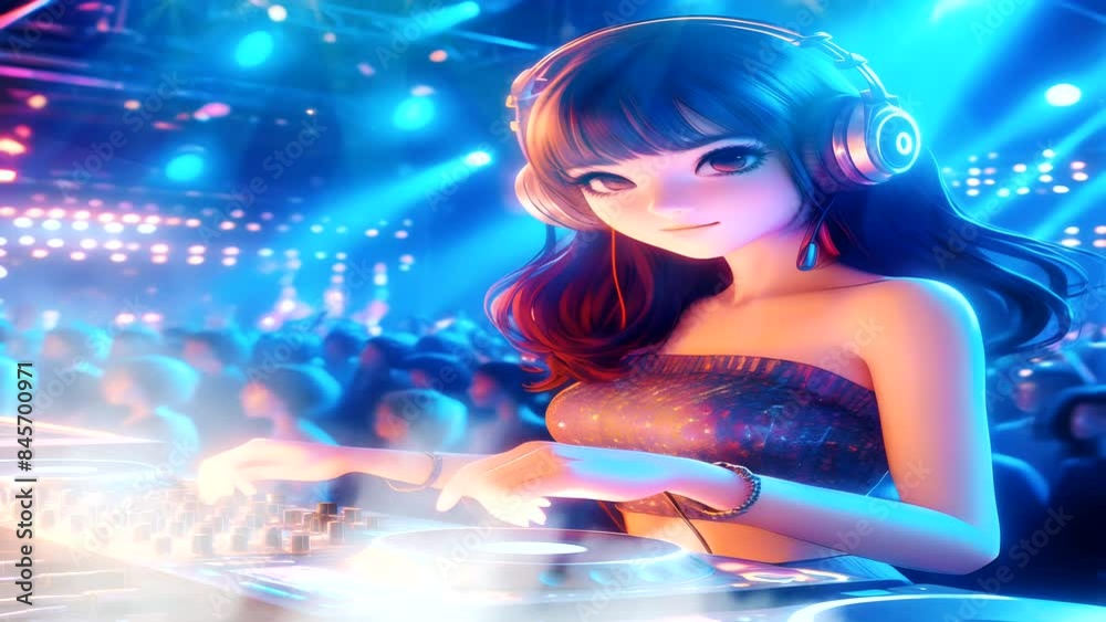 Dj Animation Color 3D cartoon of a female DJ performing with turntable and stage lights ...