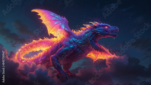 Wallpaper of A dragon with iridescent scales flying gracefully through a cloudy sky, with soft light beams and occasional sparks