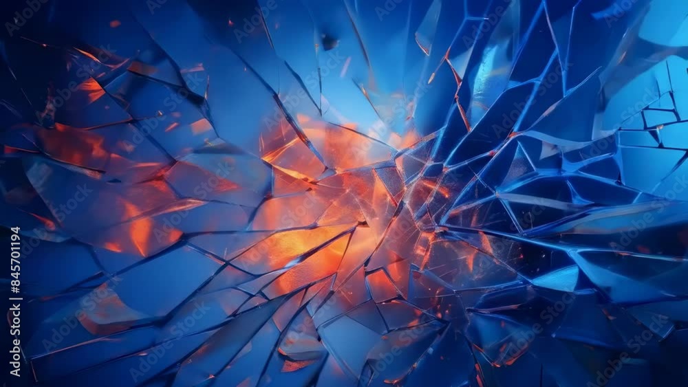 The image showcases an abstract artwork featuring shattered glass pieces spreading across vibrant red and blue colors. The mood is intense, invoking feelings of chaos and dynamism.