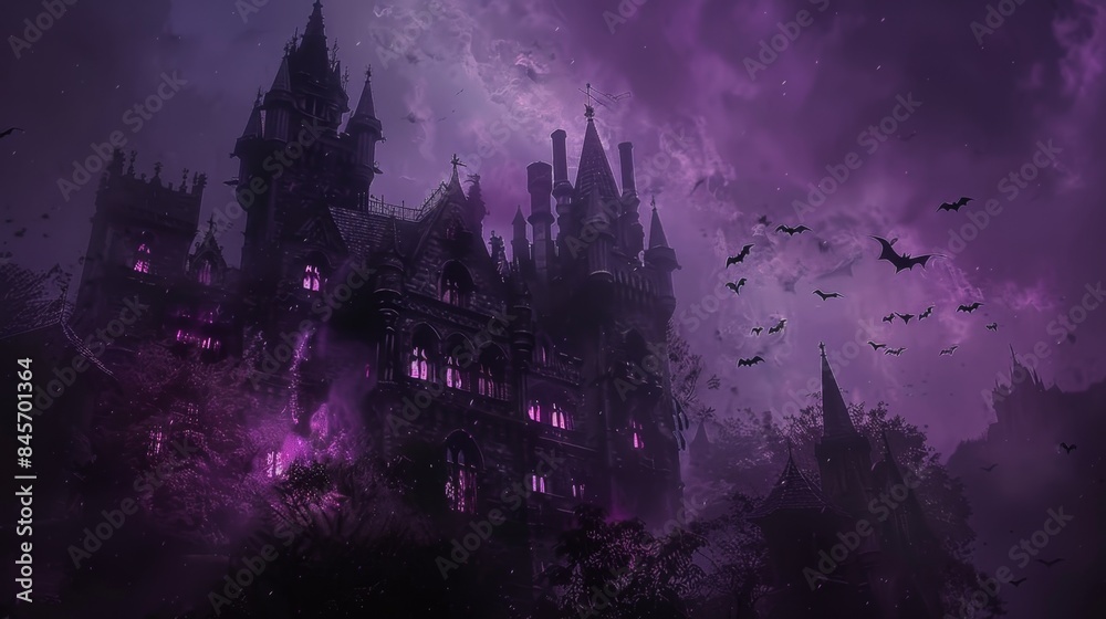 Gothic Haunted Castle with Bats and Purple Sky - Generative AI Gothic Haunted Castle with Bats and Purple Sky - Generative AI