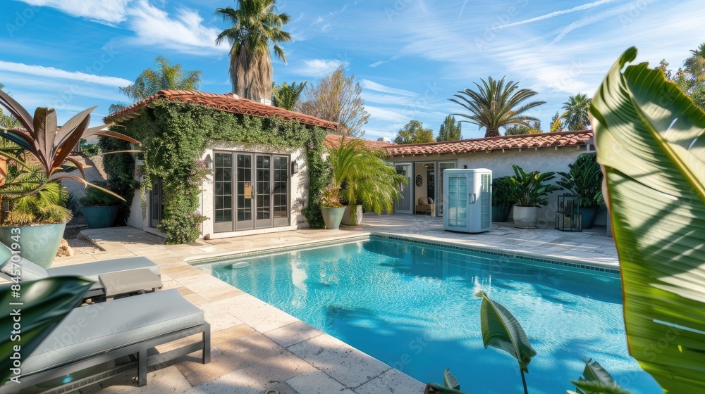 Fototapeta premium Tranquil Poolside Escape in a Lush California Backyard