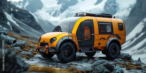 an electric recreational vehicle powered by alternative energy in the form of a futuristic van design with tent camping in the wild nature while saving the environment