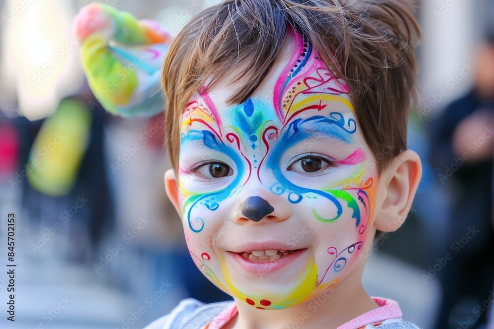 Child in tranquil stance, adorned with face paint, with vivid animal silhouette backdrop Child in tranquil stance, adorned with face paint, with vivid animal silhouette backdrop