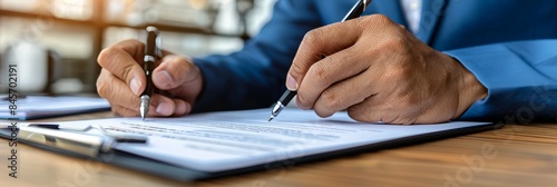 Focused young man writing on paper while multitasking work and study, concentrated male student