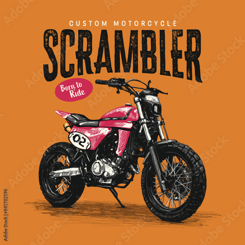 Hand drawn illustration of a custom scrambler motorcycle parked on a colored background