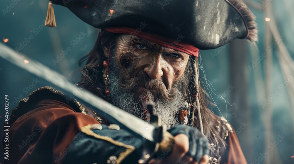 Fototapeta premium Fierce pirate with a grizzled beard and bandana, holding a sword, ready for battle.