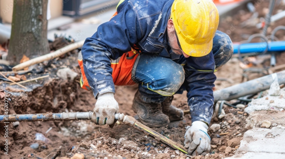 Workers are water pipes with PVC outdoors. Industrial Trench for water supply Workers are water pipes with PVC outdoors. Industrial Trench for water supply