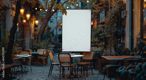 Blank Television Screen on Wooden Table in Bar Setting at Night