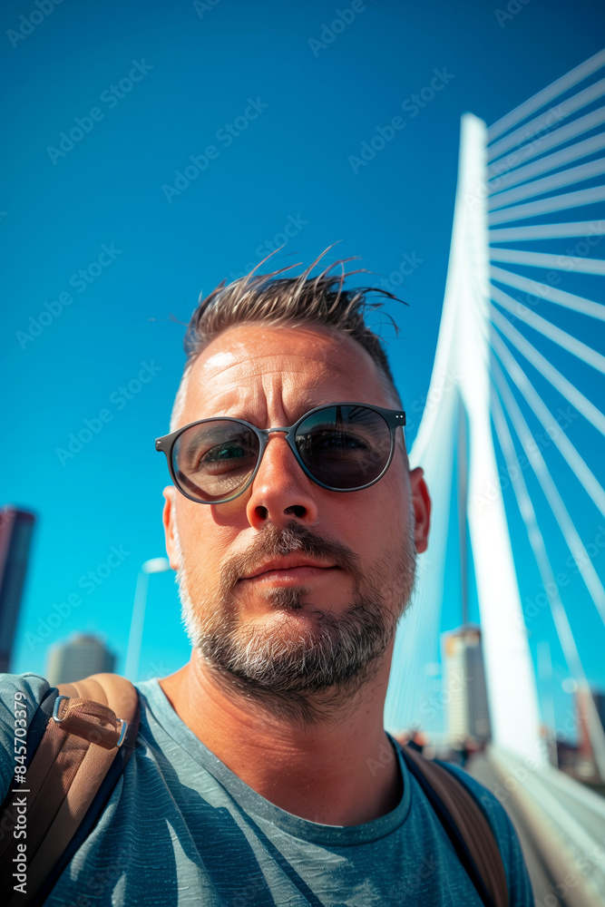Low angle shot, 30 year old with a modern bridge in the background. Low angle shot, 30 year old with a modern bridge in the background.
