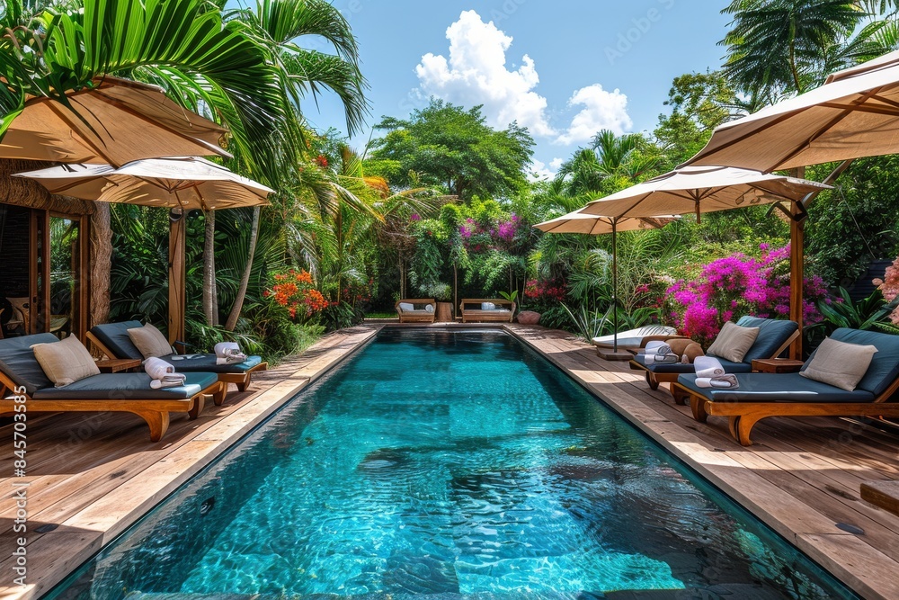 Fototapeta premium Tropical Poolside Relaxation With Lounge Chairs And Umbrellas