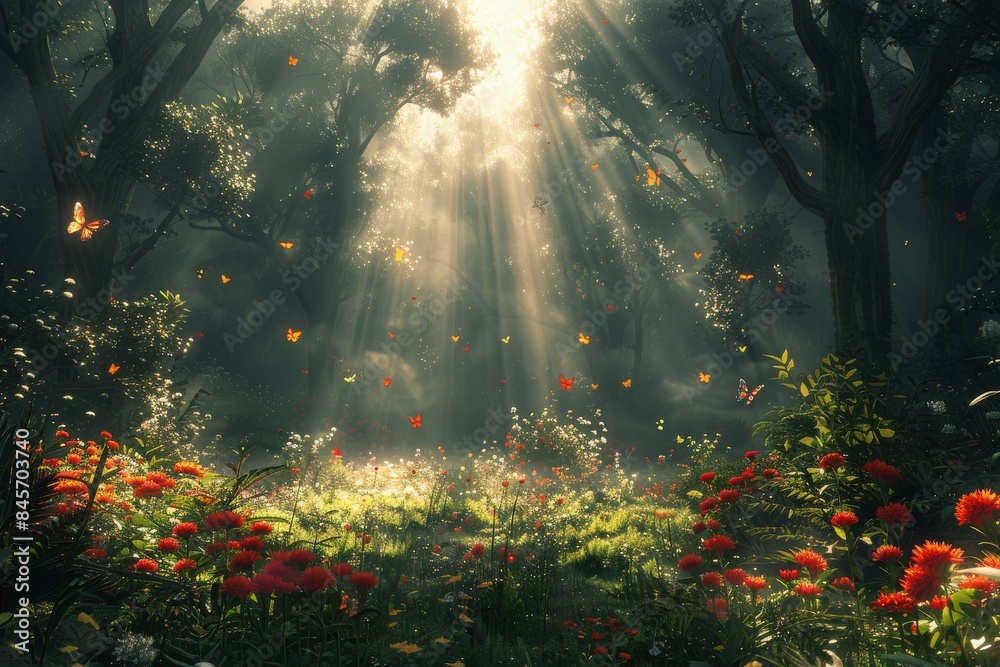 Sunlit Forest Floor With Orange Butterflies and Flowers Sunlit Forest Floor With Orange Butterflies and Flowers