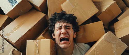 A man with a distressed expression is buried under a pile of cardboard boxes.