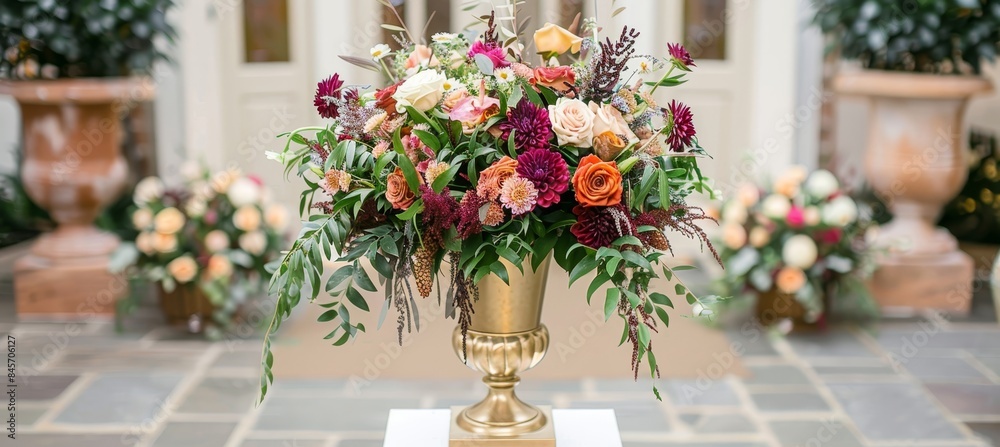Fototapeta premium Luxurious garden with exotic blooms in rich purple and golden tones for high end events