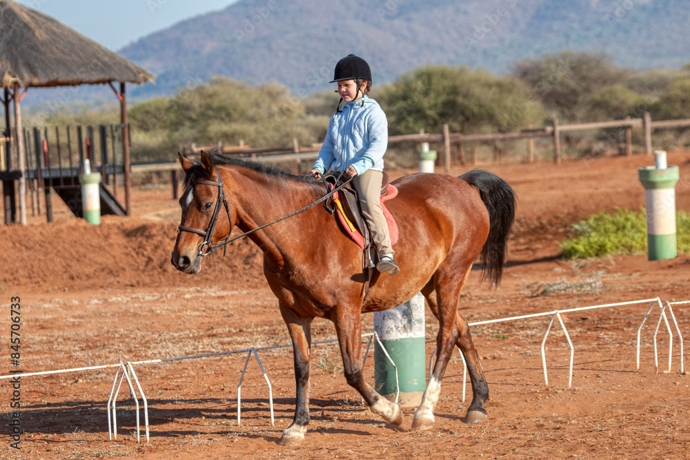 girl horse riding, black helmet, on the field at training center girl horse riding, black helmet, on the field at training center