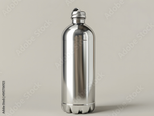 Empty glossy metal water bottle mockup with isolated background