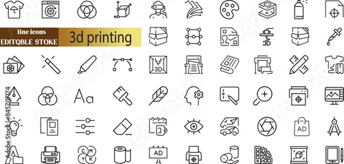 3D print and printing icon set with additive manufacturing