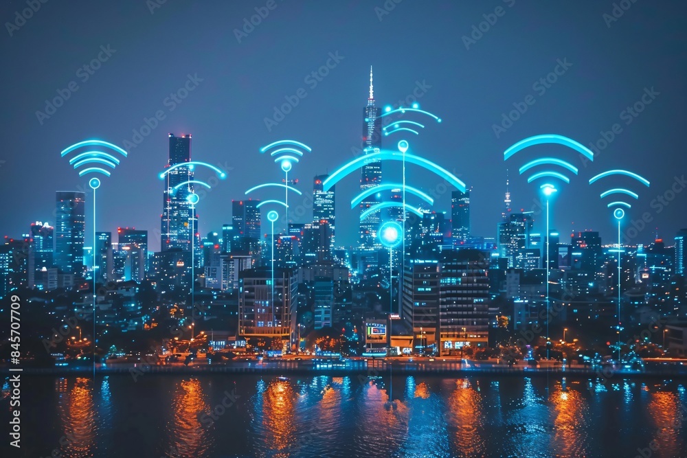 Obraz premium Close-up urban scene with wifi towers and river