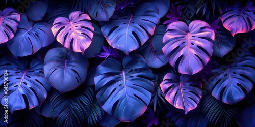 an exotic tropical modern background with a split leaf philodendron plant and monstera plant line art purple floral pattern with black split leaf philodendron plant photo
