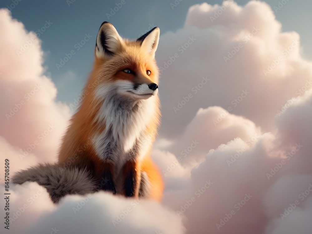 Fototapeta premium A fox sitting in the fluffy cloud.
