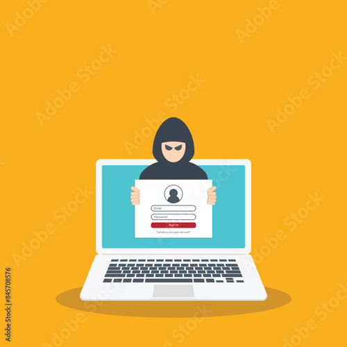 Hacker, cyber criminal looking for password trying to hack security. Credit card, bank account hacking. Vector illustration