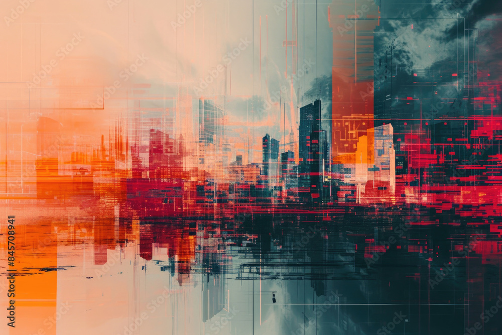 Obraz premium Futuristic Urban Cityscape with Abstract Digital Overlay, Modern Skyscrapers Reflecting in Water, Vibrant Red and Orange Hues, High-Tech Metropolis, Concept of Future Technology and Innovation