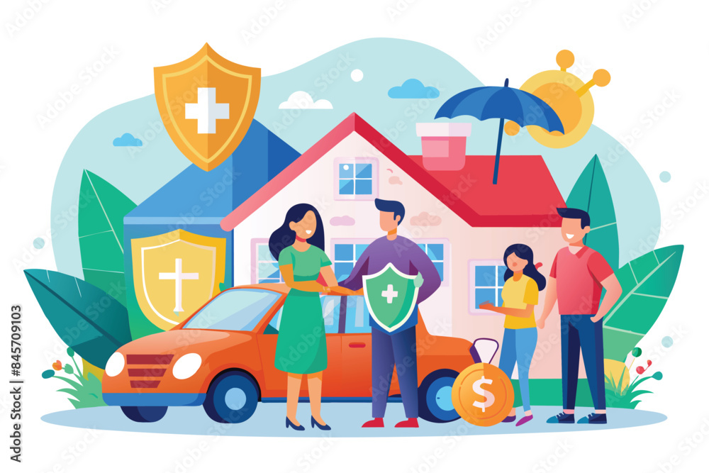An illustration of a happy family standing in front of their new home and car, with an insurance agent holding a shield with a plus sign on it. An illustration of a happy family standing in front of their new home and car, with an insurance agent holding a shield with a plus sign on it.