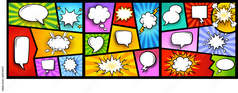 Colorful comic book background.Blank white speech bubbles of different shapes. Rays, radial, halftone, dotted effects. Vector illustration in pop art style