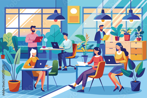 A colorful illustration depicting office workers collaborating on projects while using laptops and other technology.