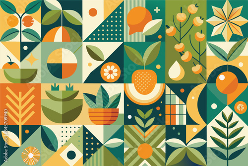 A vibrant digital illustration featuring geometric shapes and patterns in shades of green, yellow, and orange. The design includes various floral motifs and citrus fruits