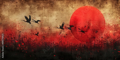 a black and red background with a watercolor texture modern crane birds and chinese clouds decor art abstract circle banner design
