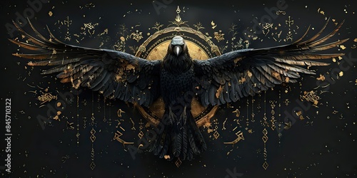 in modern illustrations pagan norse design with raven sword and runes on a black background photo