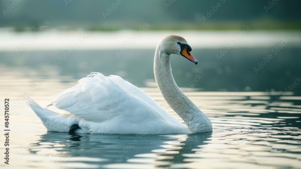 Fototapeta premium Close up photograph of a solitary white swan gracefully swimming in a lake