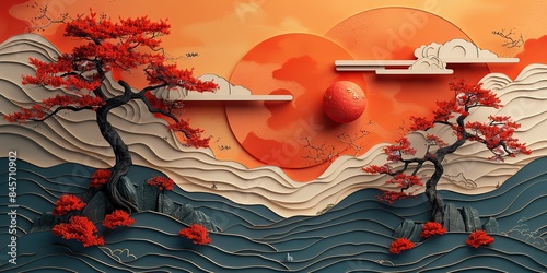 traditional chinese pattern modern dragonfly bonsai cloud and geometric on an oriental background