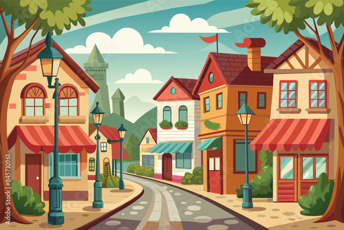 An illustration depicting a street scene with charming houses, shops, streetlights, and greenery.