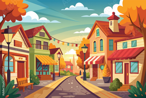 An illustration of a charming, small town street scene with colorful houses, businesses, and a vibrant autumn sky.