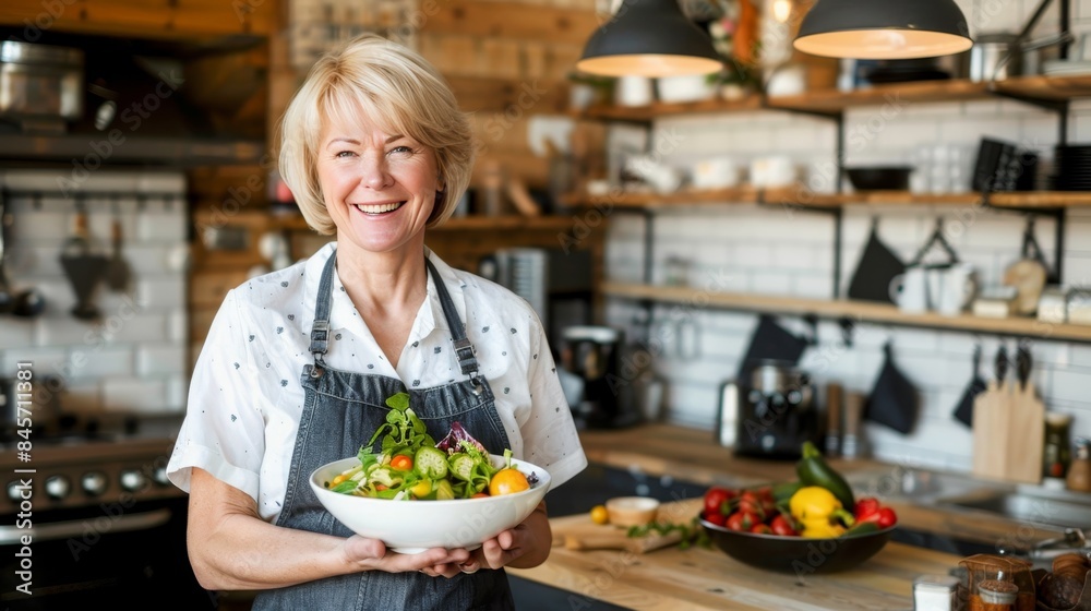 Elderly woman smiling happily, holding a nutritious vegetable salad in a home kitchen setting