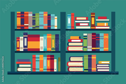 A flat-style illustration of a wooden bookshelf with four shelves filled with colorful books.