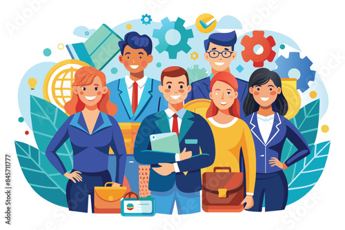 A group of diverse business professionals stand together in front of gears and coins, symbolizing success and teamwork.
